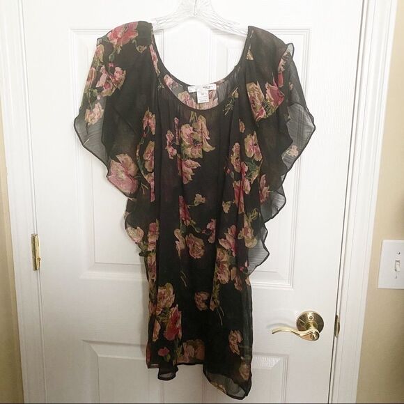 WD NY 3X Sheer Romantic Floral Flutter Sleeve Top - Picture 7 of 8